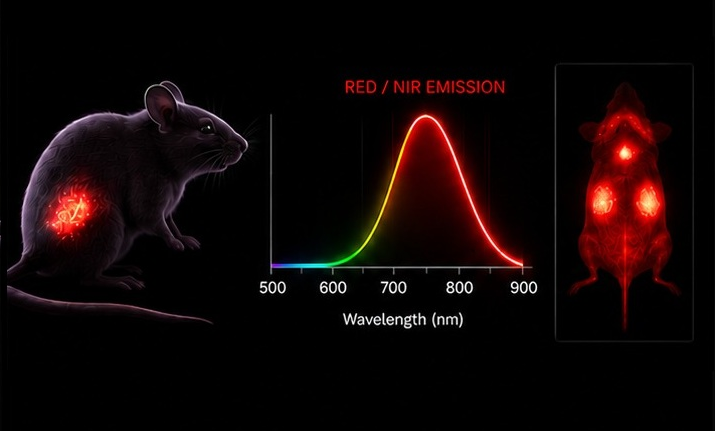 NIRGlo concept image showing red/NIR emission and mouse imaging